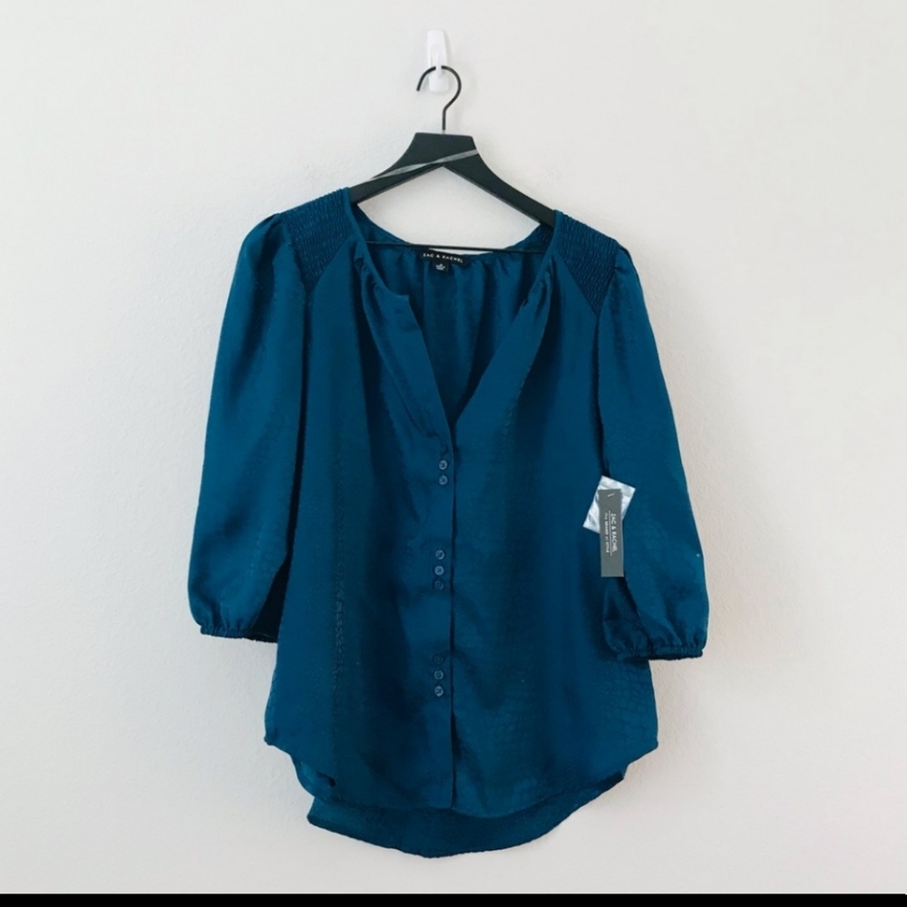 New! Zac & Rachel Blue Turquoise Snake Peasant Buttoned Down Blouse Career Top